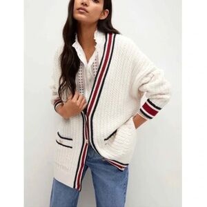 Mango Cream Cardigan with Navy and Red Trim